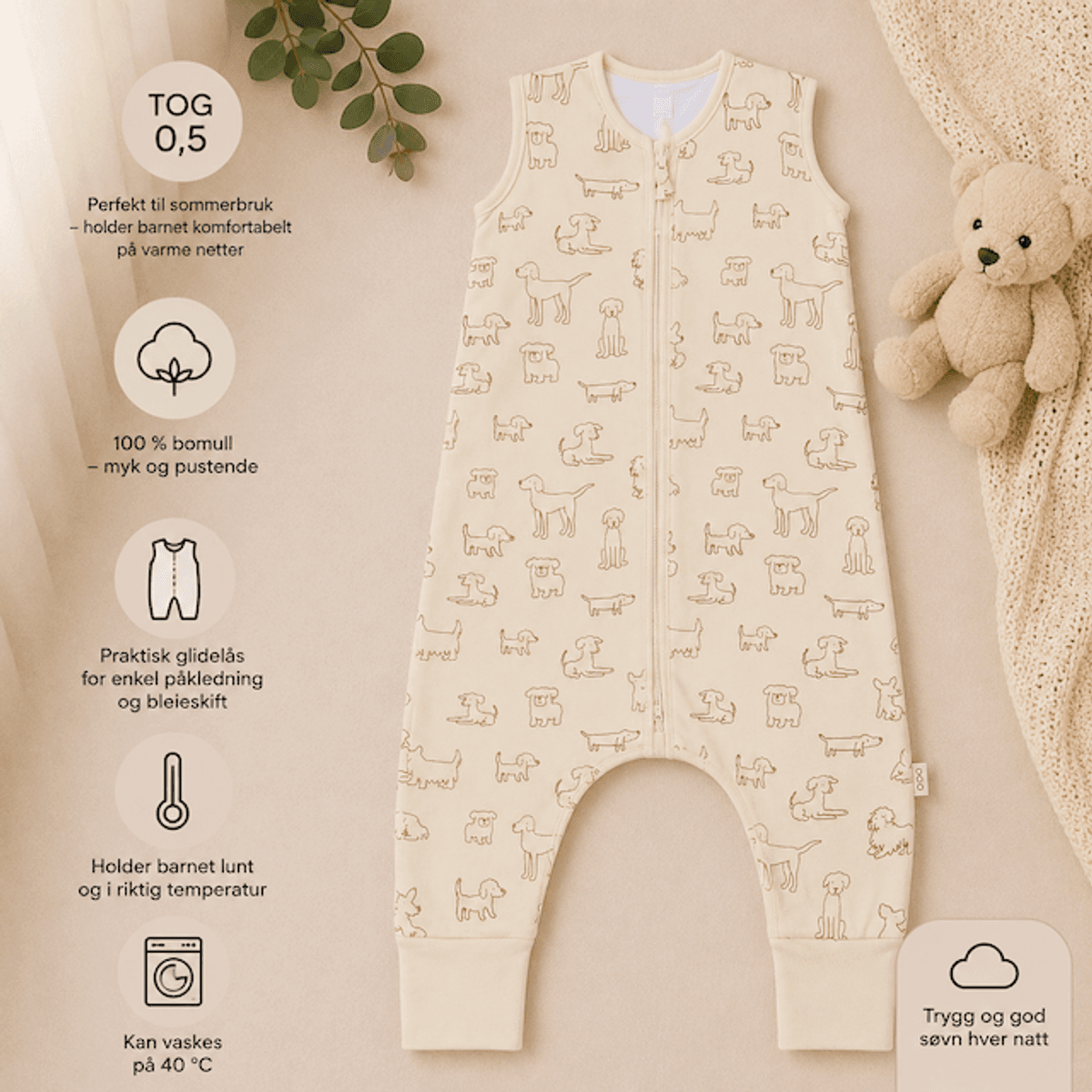 Fillikid | Sommer nattpose med ben| 0,5 TOG | Str.80 | Hund Beige