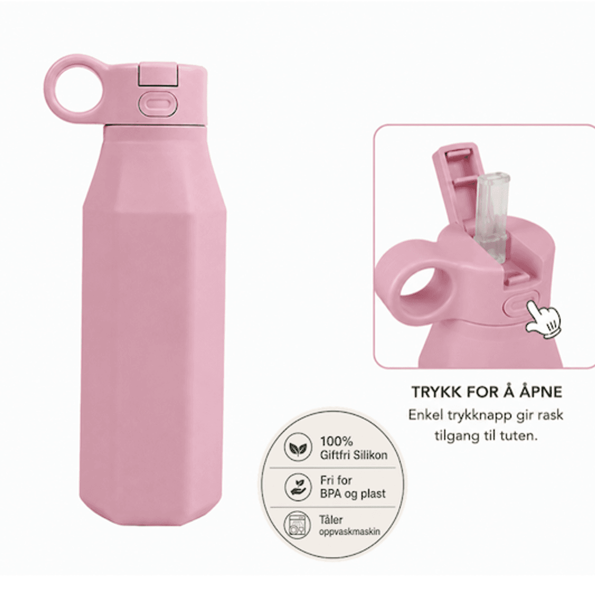 Troller Kids| Silikonflaske m/sugerør | Rosa